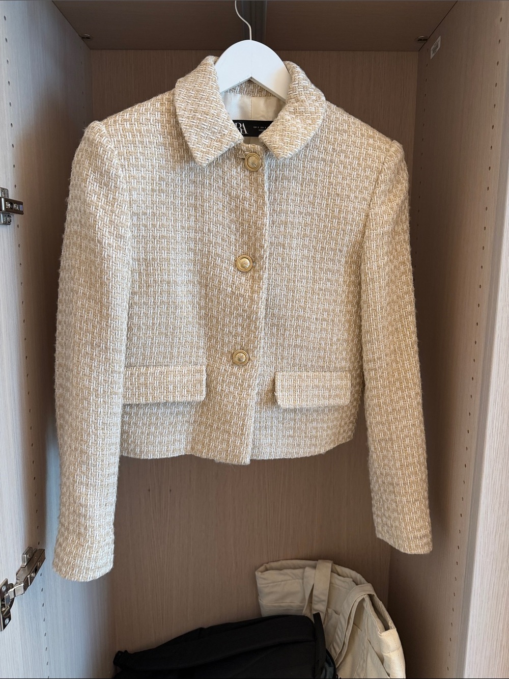 Zara Cream Bouclé Cropped Jacket with Gold Buttons